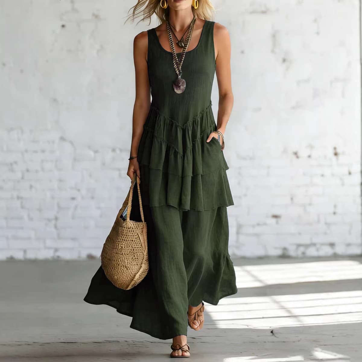 Womens Loose-fitting Sleeveless Dress With A Wide Skirt Hem