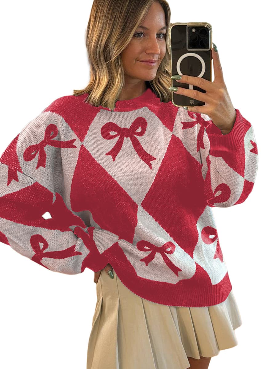 Womens Trendy Pullover Sweater With A Bow-knot Print And Long Knitted Sleeves Pink XL