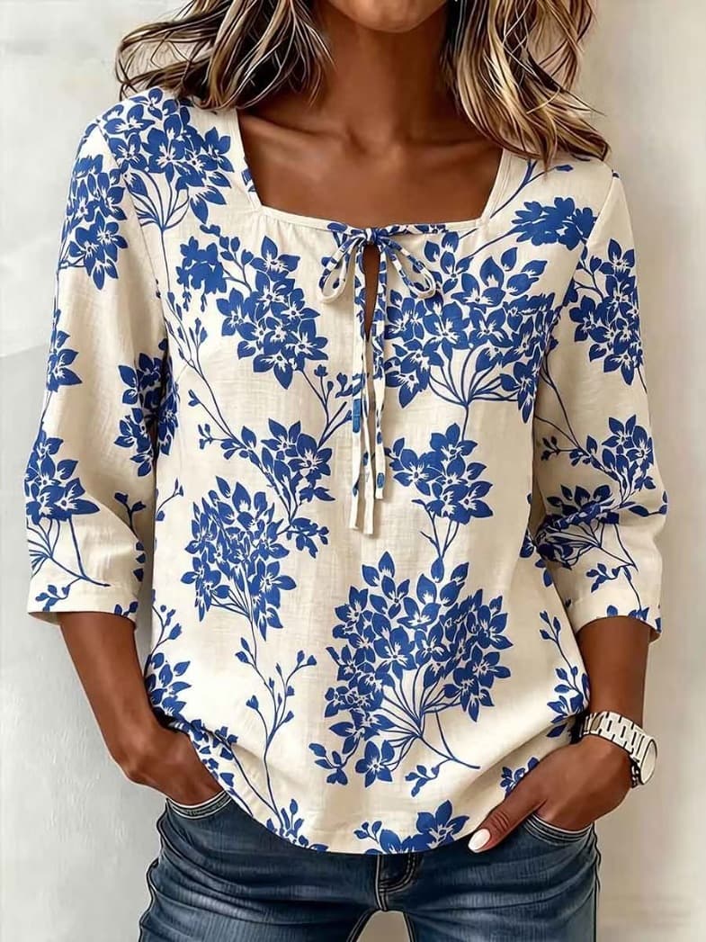 Womens Retro Printed Square-Neck Three-Quarter-Sleeve Casual Loose Top Blue S