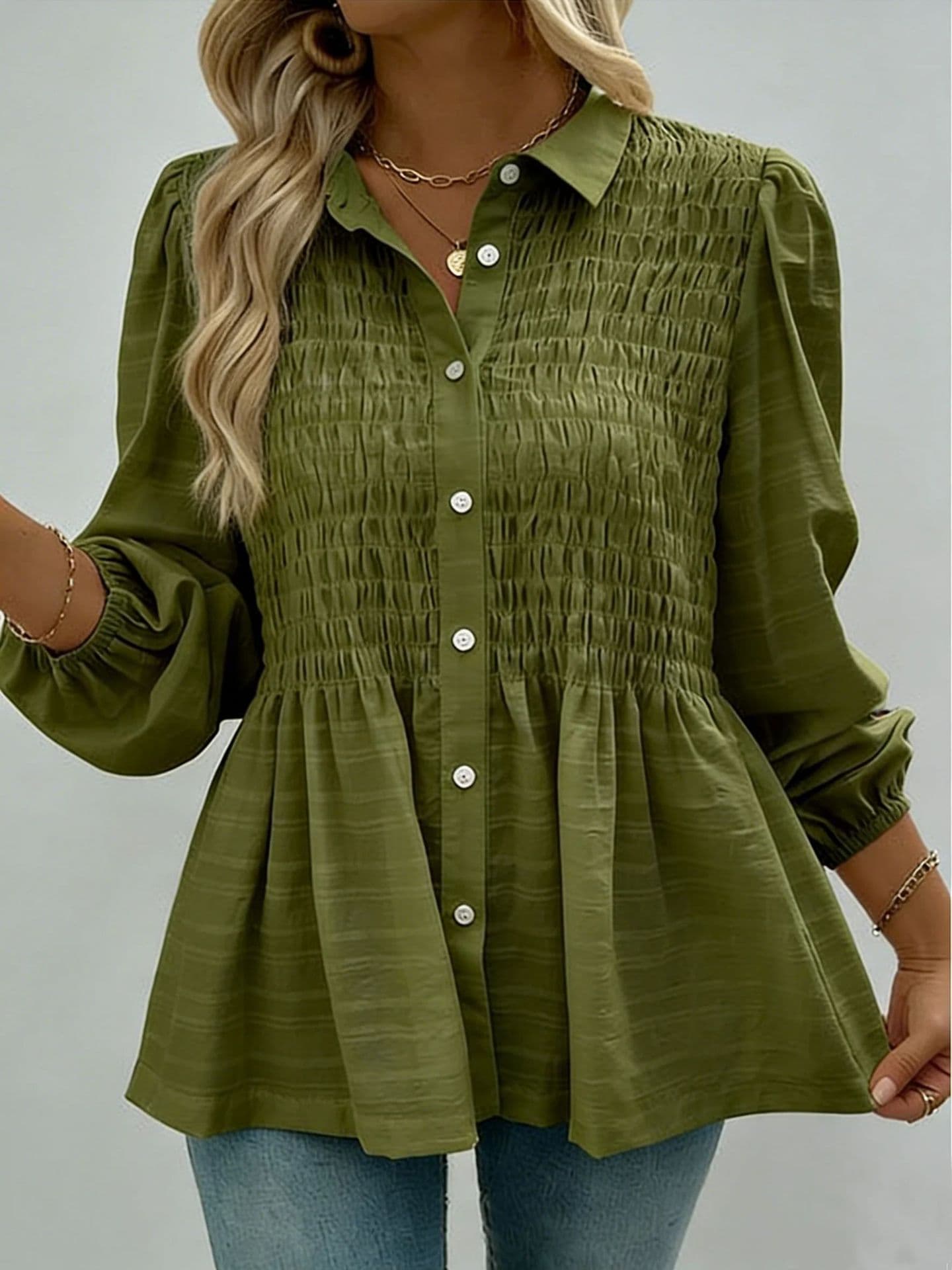 Solid-color Button-down Casual Chic Long-sleeve Ruffled Shirt Green M