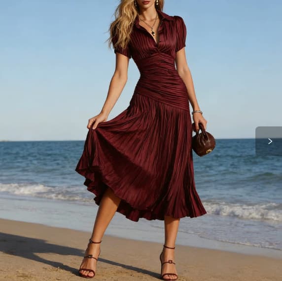 Womens Striped High-Waisted Shirt Casual Dress Wine Red L
