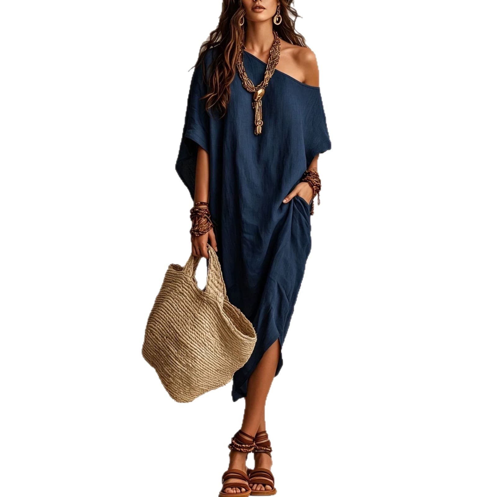 Off-Shoulder Loose Casual Solid-Color Dress