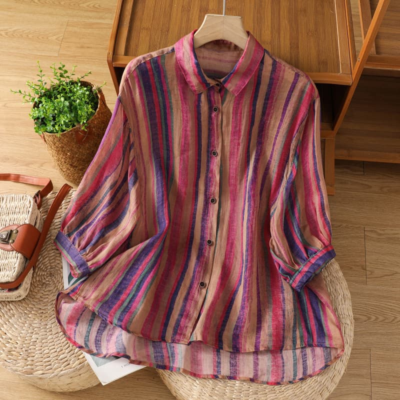 Elegant Lapel Slim-fit Three-quarter-sleeve Blouse Top
