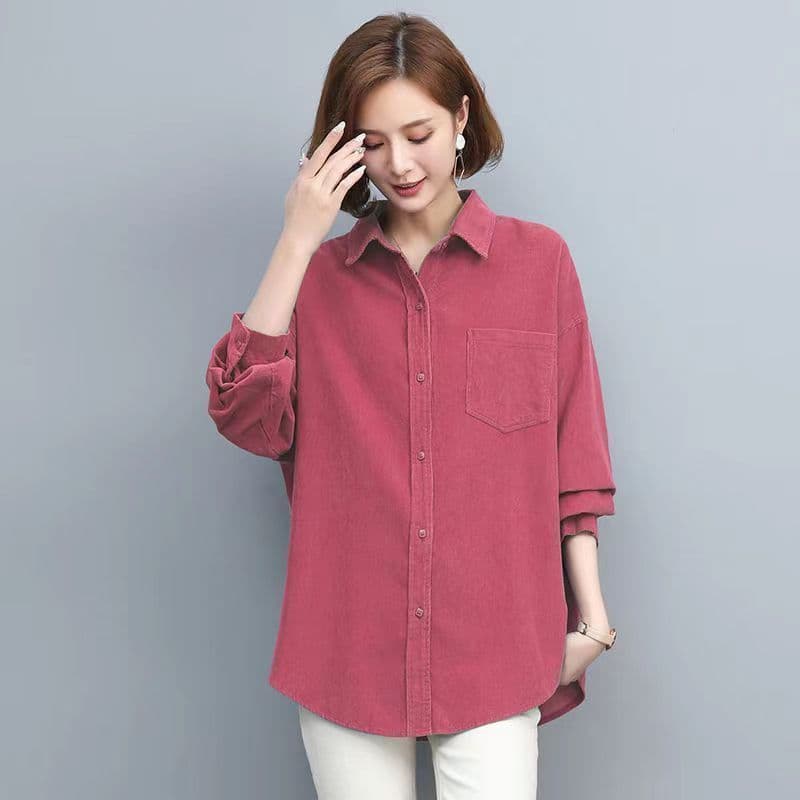 Womens Stylish Loose-fit Corduroy Long-sleeve Shirt Pink M