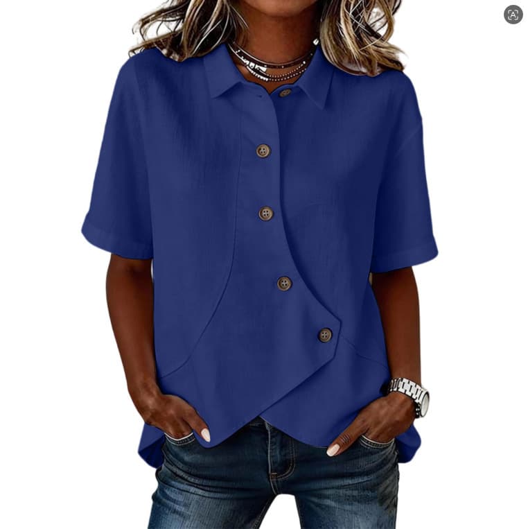 Solid-color Asymmetrical Shirt Loose-fitting Cotton Top Blue S