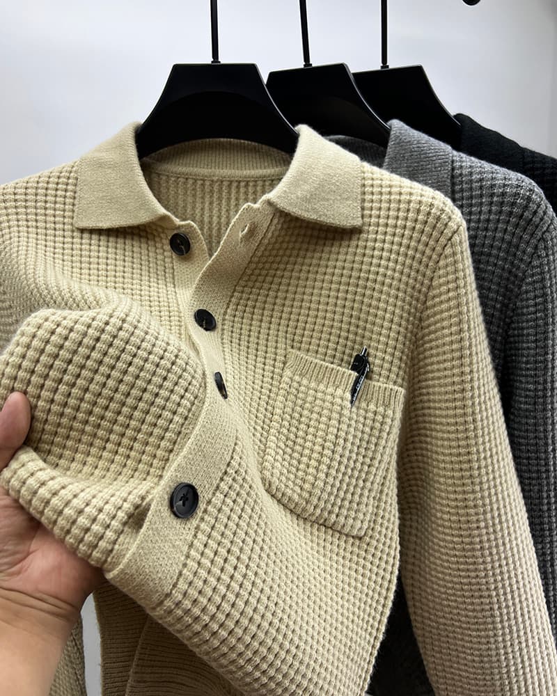 Casual Solid-Color Pocket Lapel Knit Sweater Coat Beige Camel XL