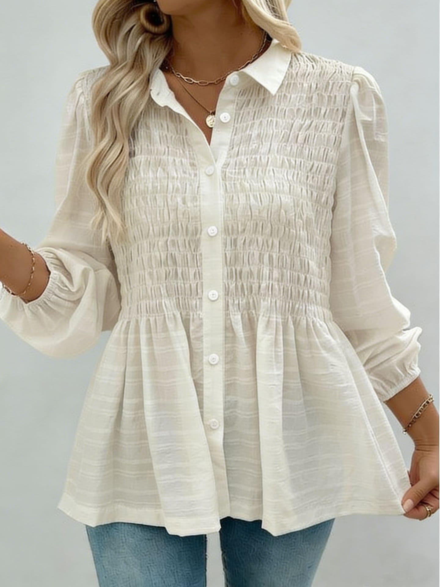 Solid-color Button-down Casual Chic Long-sleeve Ruffled Shirt White XL