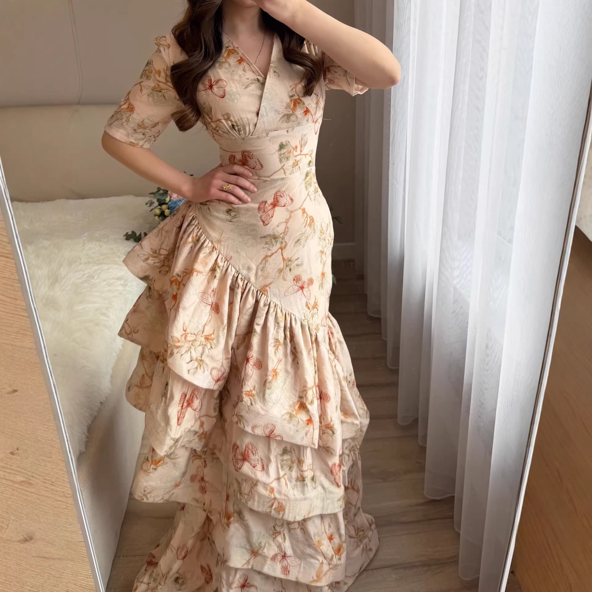 V-neck Floral Ruffled Slim-fit Long Mermaid Dress