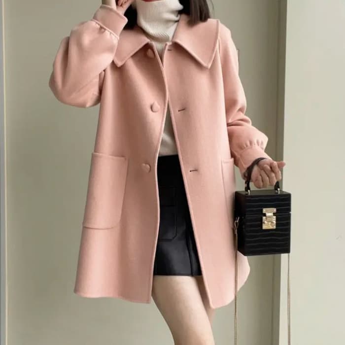 Womens Stylish Casual Doll-Neck Wool Coat Pink M