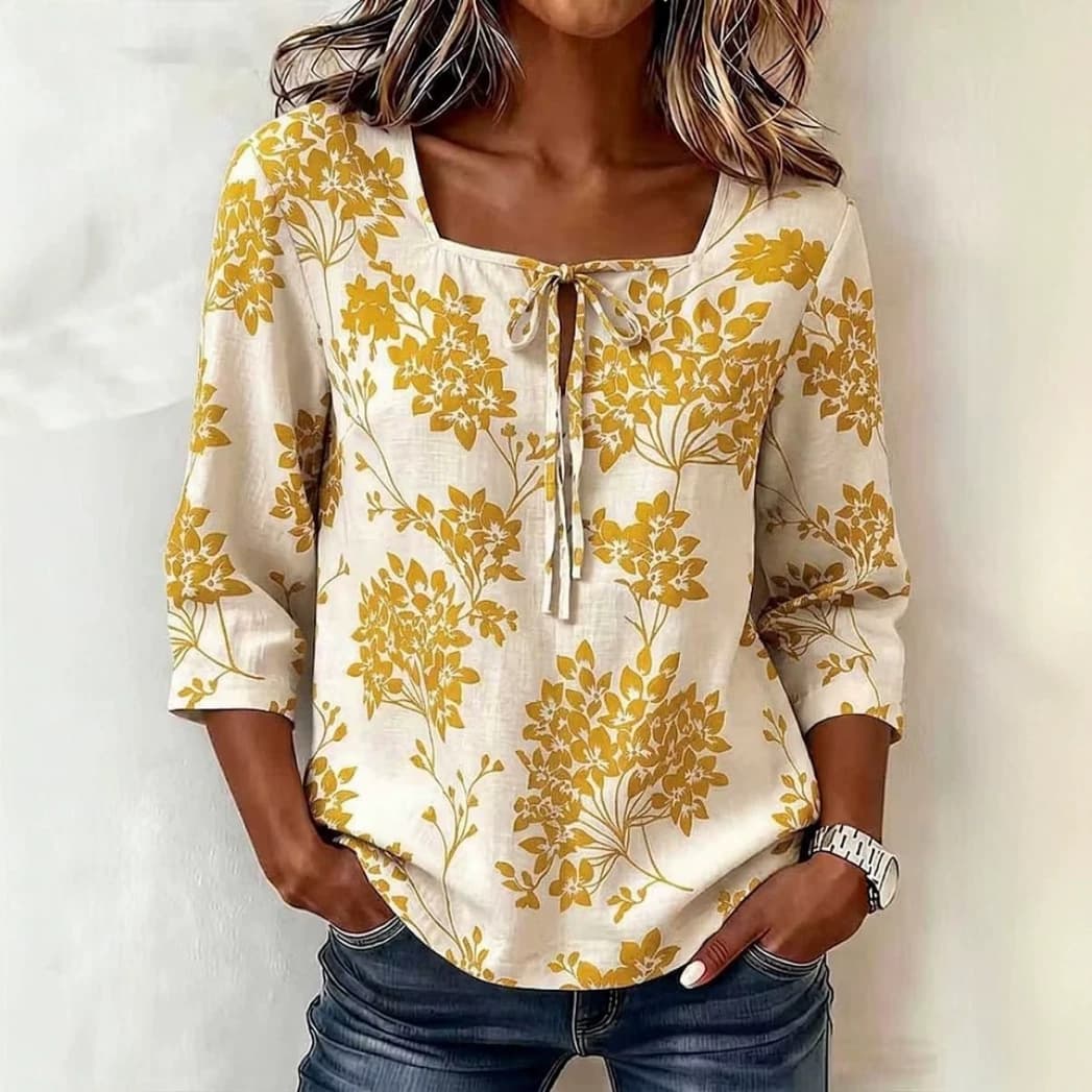 Retro Printed Square-Neck Three-Quarter Sleeve Top