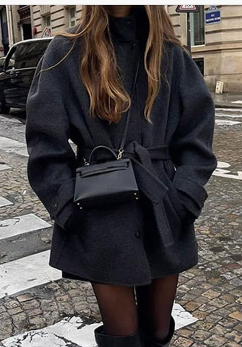 Womens Wool Coat With Belt Mock Neck And Solid Color Black S