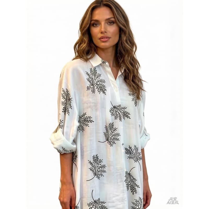 Printed Loose-Fit Womens Long-Sleeve Shirt Cuffed Sleeves Casual Style White S