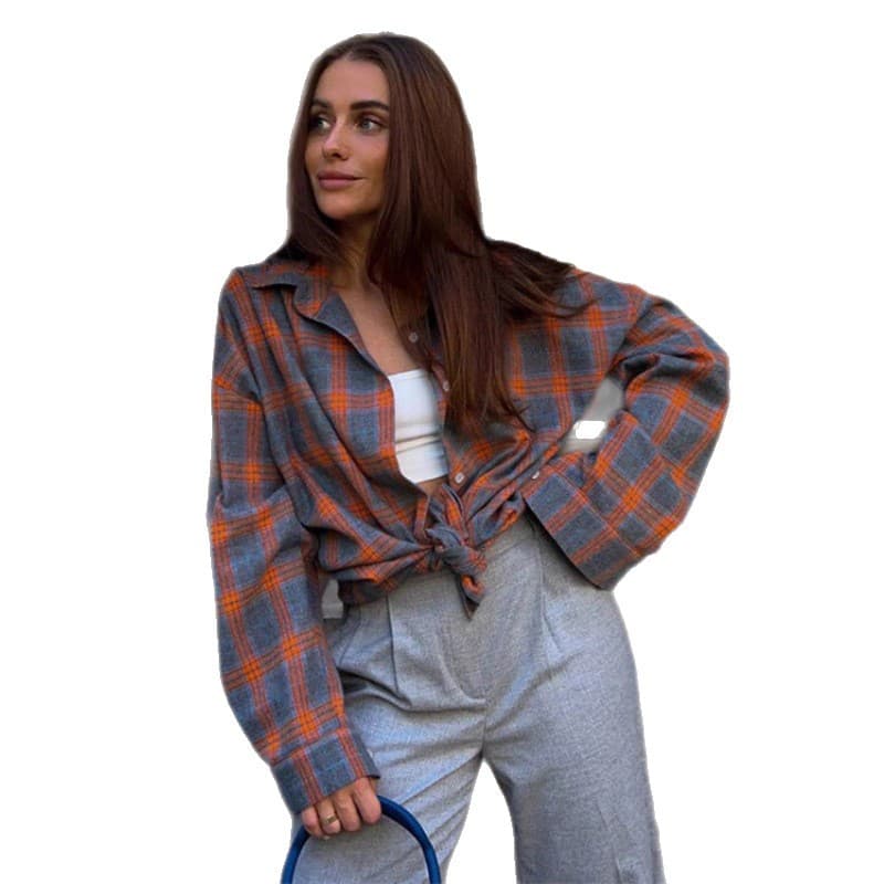Retro-style Versatile Plaid Long-sleeve Pocket Womens Blouse