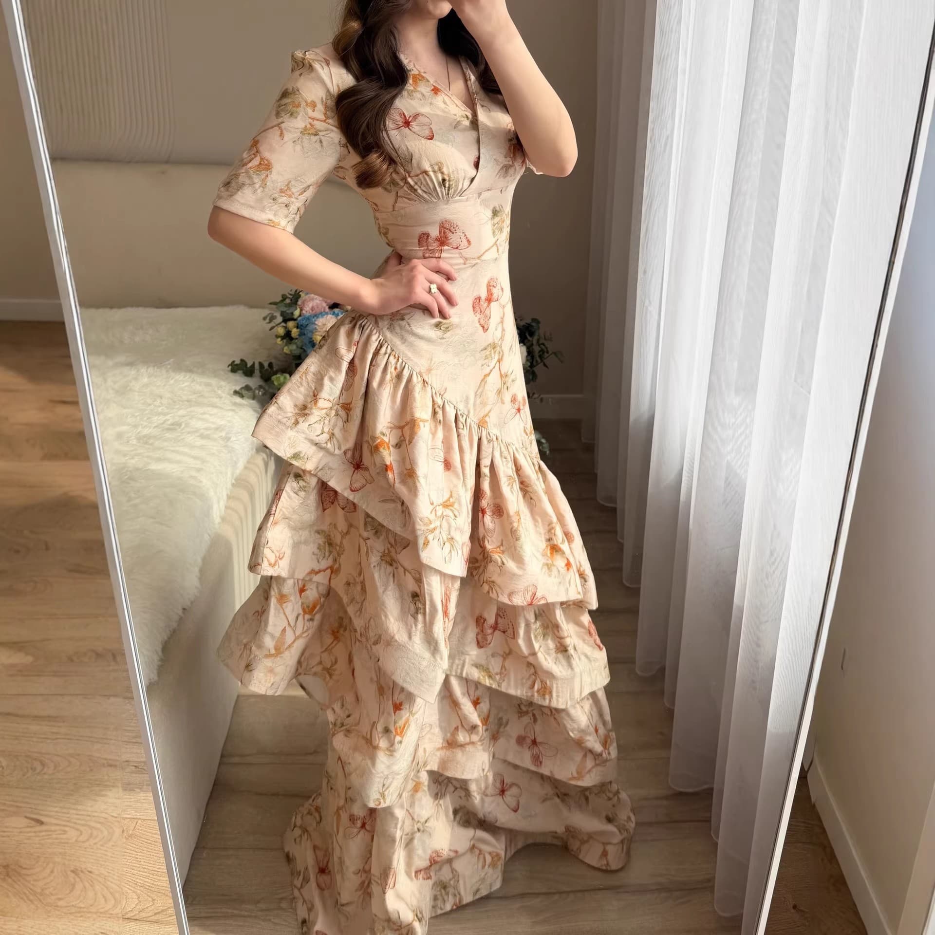 V-neck Floral Ruffled Slim-fit Long Mermaid Dress Apricot 2XL