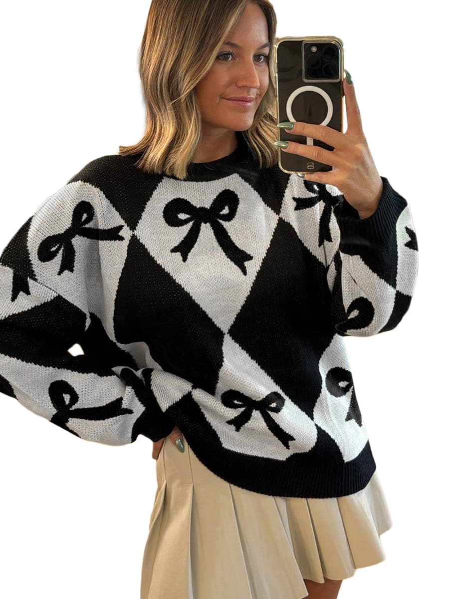 Womens Trendy Pullover Sweater With A Bow-knot Print And Long Knitted Sleeves Black S