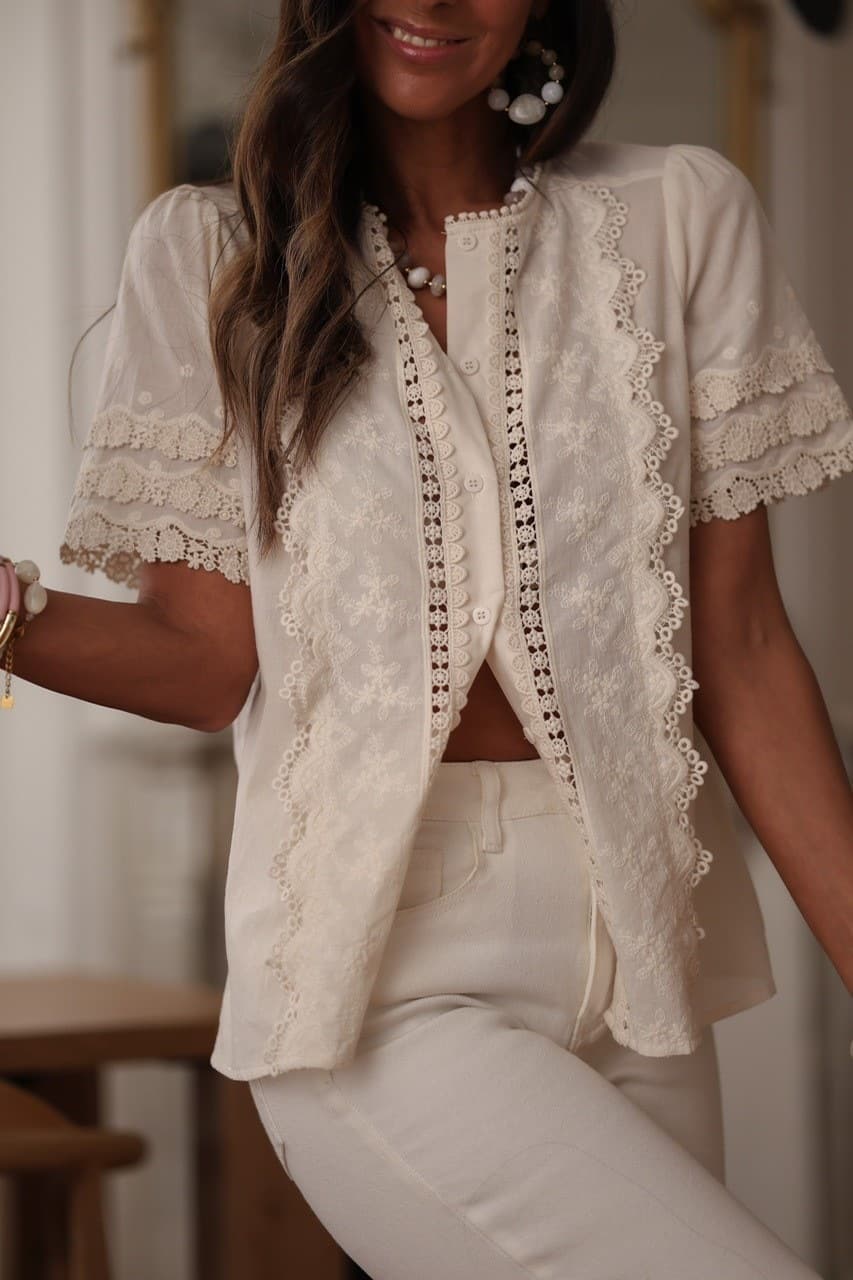 French-style Lace-embroidered Short-sleeve Blouse