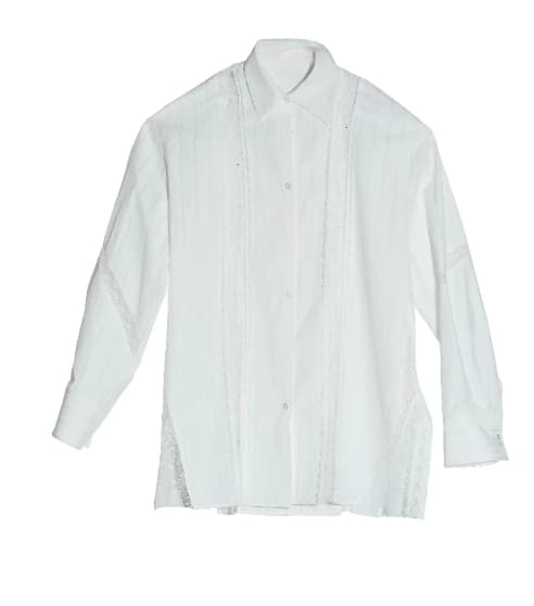 Lace-Panel Loose-Fit Long-Sleeve White Blouse