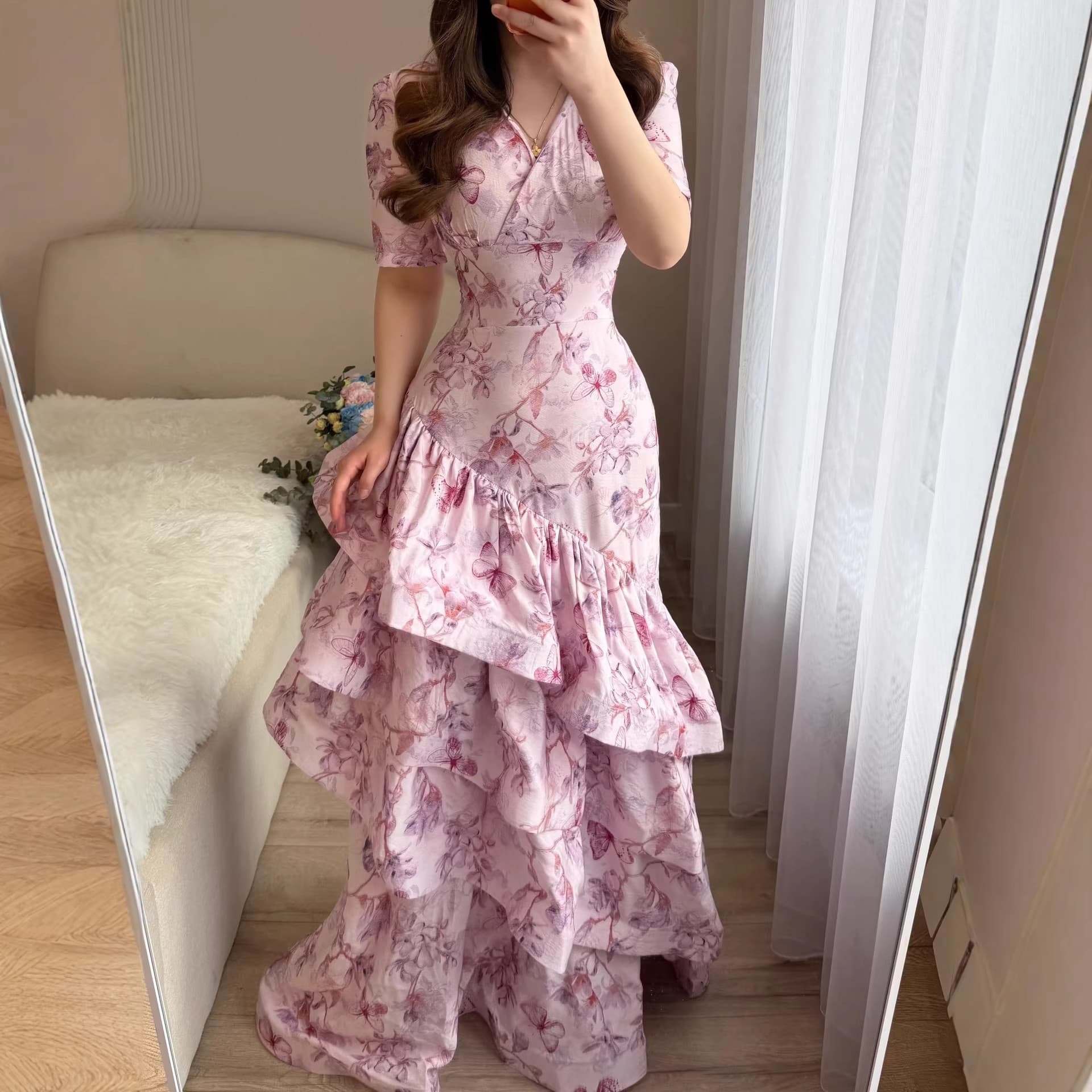 V-neck Floral Ruffled Slim-fit Long Mermaid Dress Pink L